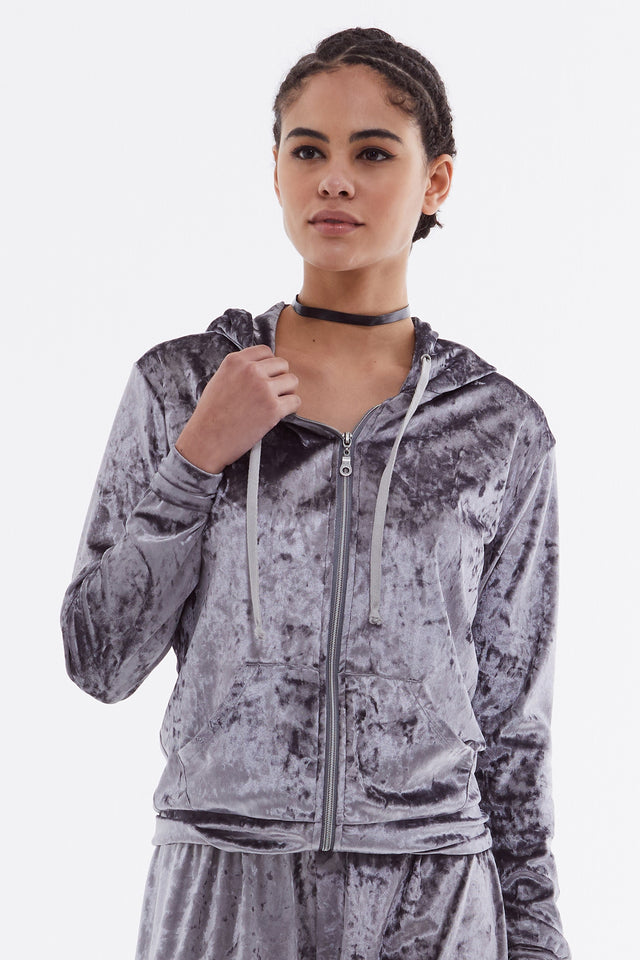 Kapuzen-Sweatshirt aus Samt für Damen in Metallic Grau